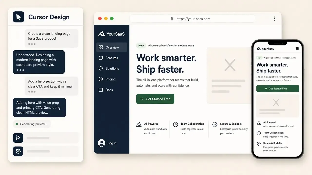 Cursor Design previewing agent-designed screens next to its component list